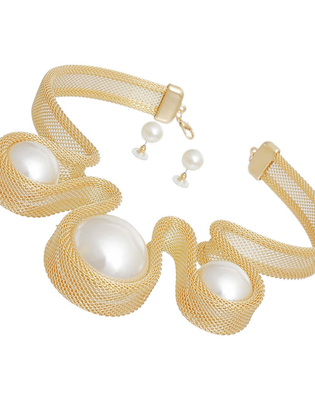 Bib Gold Rigid Mesh Pearl Necklace for Women