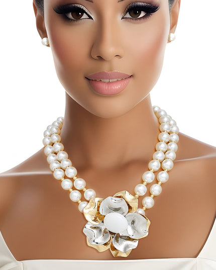 Pearl Necklace Silver Gold Flower Set for Women