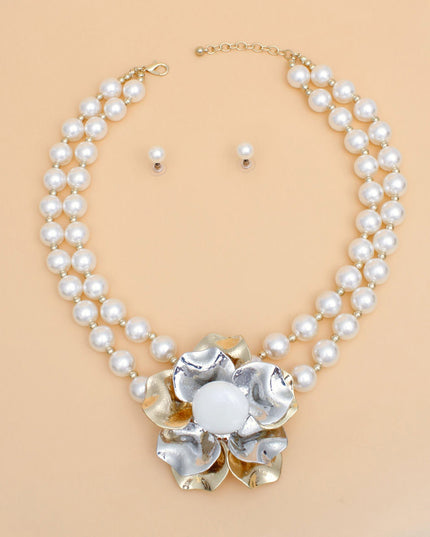 Pearl Necklace Silver Gold Flower Set for Women