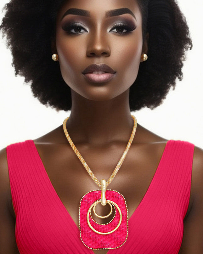 Pendant Necklace Quilted Fuchsia Raffia Set Women