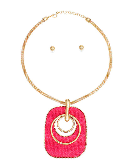 Pendant Necklace Quilted Fuchsia Raffia Set Women