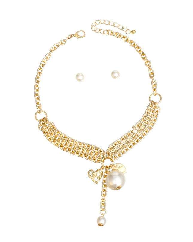 Charm Cream Pearl Gold Cable Chain Necklace Set