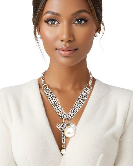 Charm White Pearl Silver Cable Chain Necklace Set
