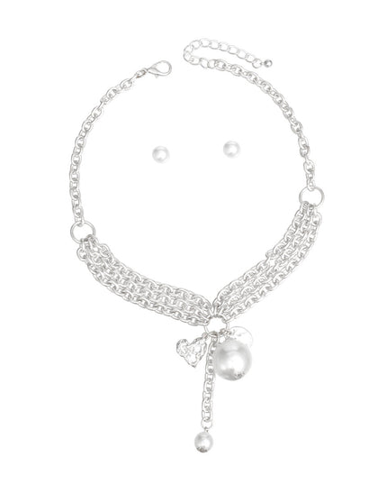 Charm White Pearl Silver Cable Chain Necklace Set