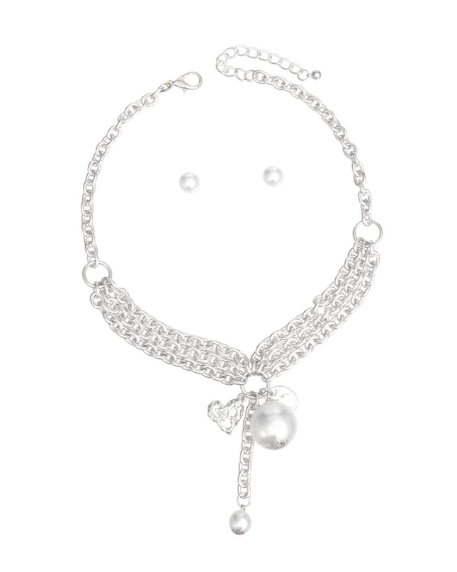 Charm White Pearl Silver Cable Chain Necklace Set