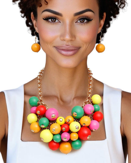 Bib Rainbow Wood Bead Cluster Necklace Women