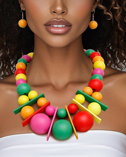 Bib Chunky Rainbow Wood Geometric Bead Necklace