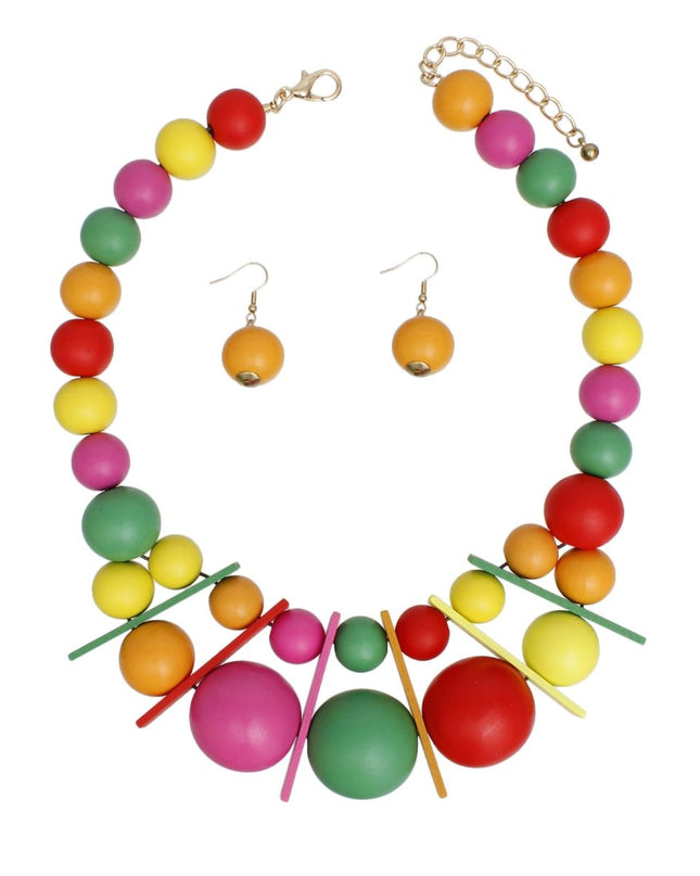 Bib Chunky Rainbow Wood Geometric Bead Necklace