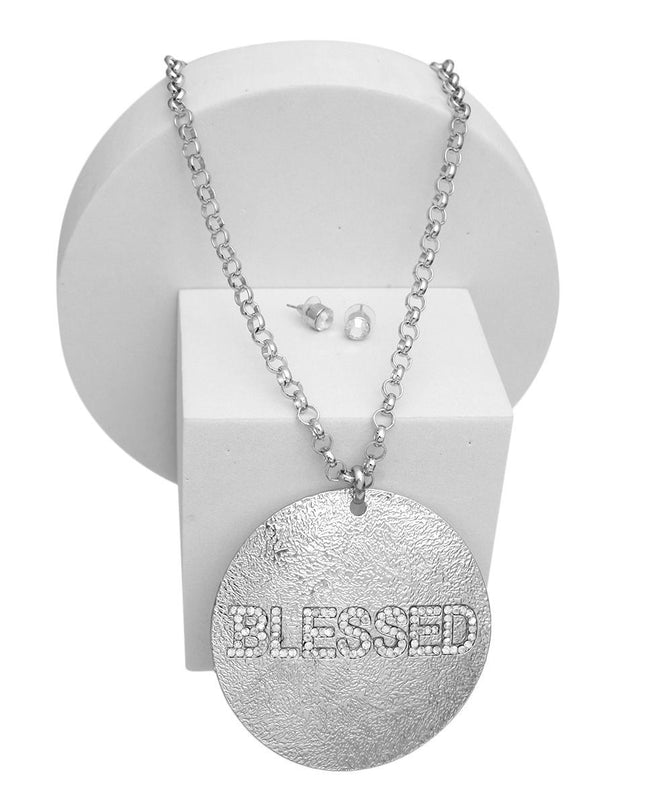 Necklace Long Silver Chain BLESSED Pendant Women