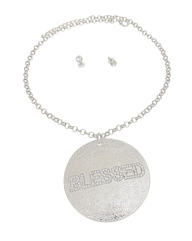 Necklace Long Silver Chain BLESSED Pendant Women