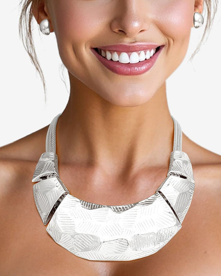 Bib Silver Scratched Plate Heavy Duty Necklace