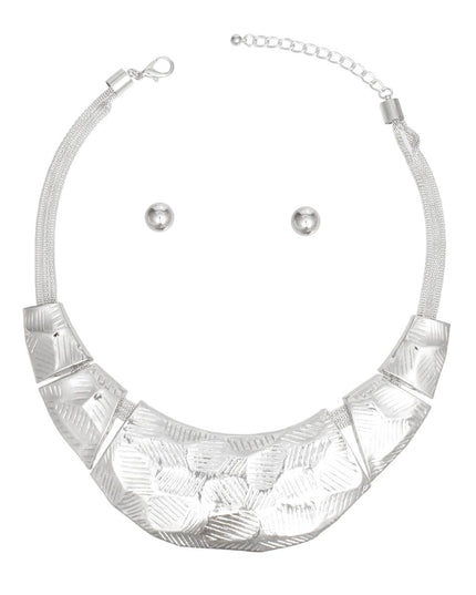 Bib Silver Scratched Plate Heavy Duty Necklace