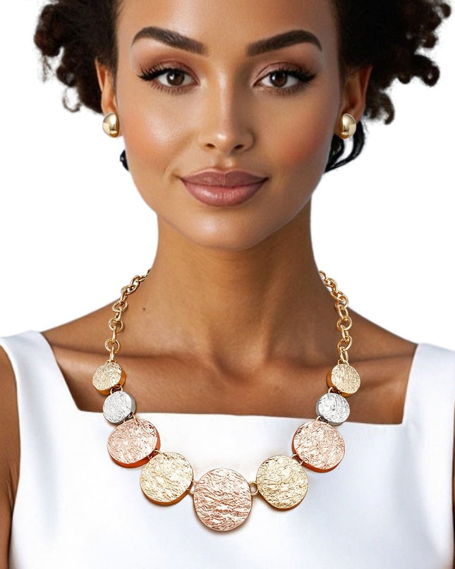 Chain Multi Heavy Duty Crinkle Metal Disc Necklace
