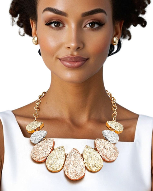 Chain Multi Heavy Crinkle Metal Teardrop Necklace