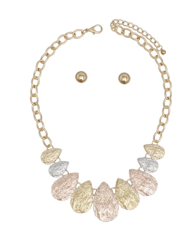Chain Multi Heavy Crinkle Metal Teardrop Necklace
