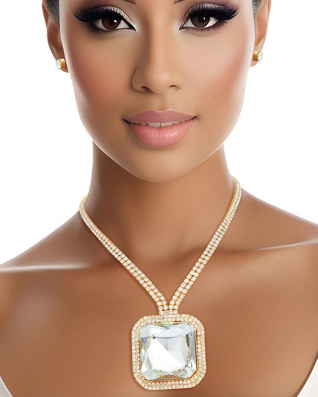 Necklace Pave Gold Princess Crystal Pendant Set