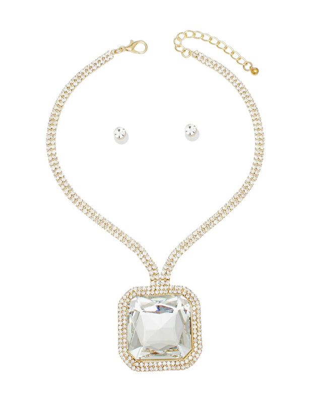 Necklace Pave Gold Princess Crystal Pendant Set
