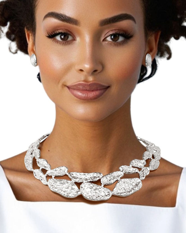 Collar Silver Melted Metal Rigid Armor Necklace