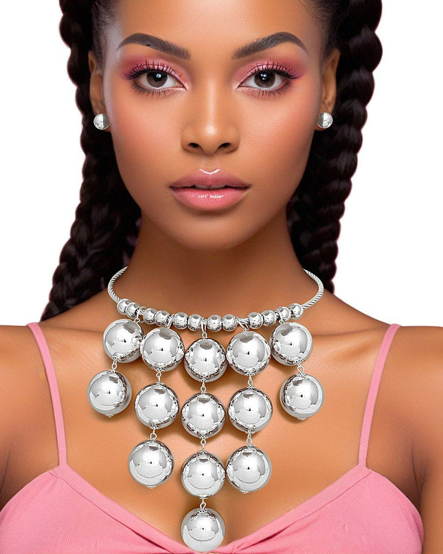 Necklace Silver Metal Ball Drop Bib Set for Women