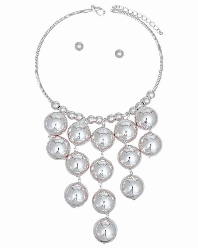 Necklace Silver Metal Ball Drop Bib Set for Women