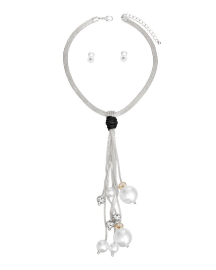 Tassel Long White Pearl Rhinestone Silver Necklace
