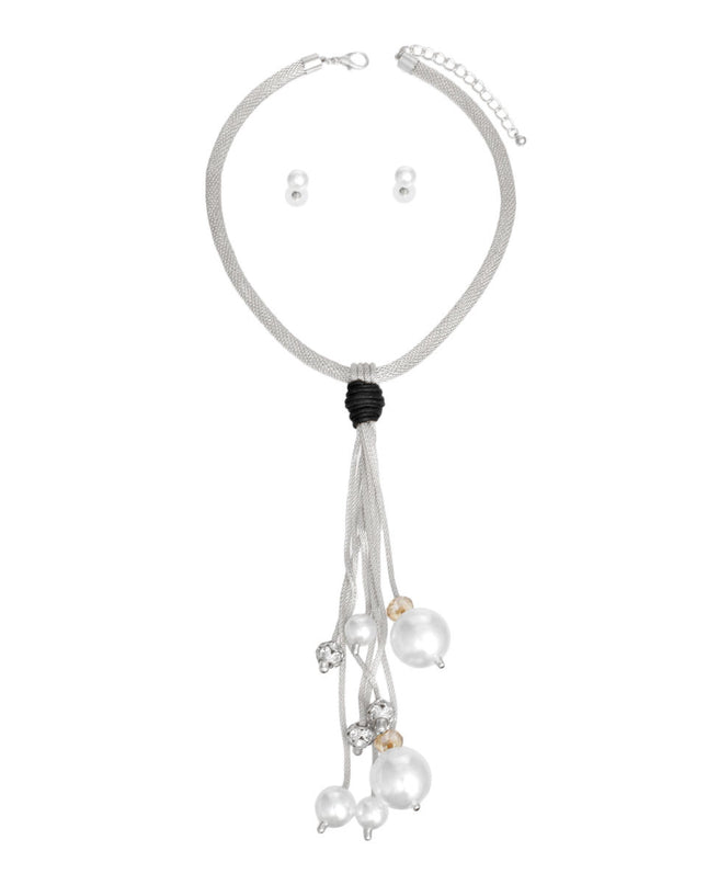 Tassel Long White Pearl Rhinestone Silver Necklace