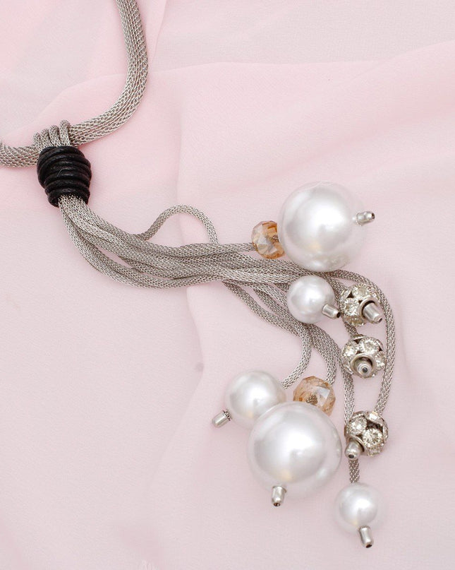 Tassel Long White Pearl Rhinestone Silver Necklace