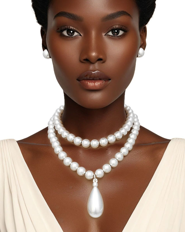 Bead Matte Silver Teardrop Pendant Double Necklace