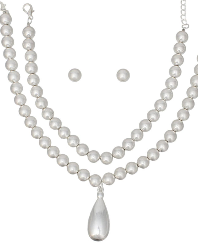 Bead Matte Silver Teardrop Pendant Double Necklace