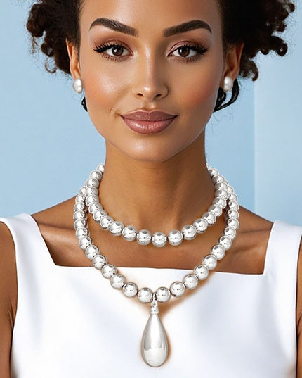 Beaded Silver Teardrop Pendant Double Necklace Set