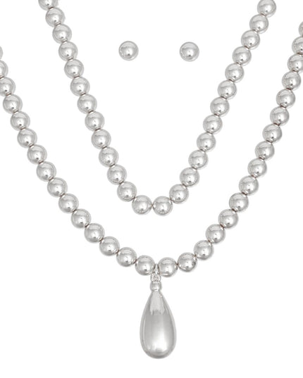 Beaded Silver Teardrop Pendant Double Necklace Set