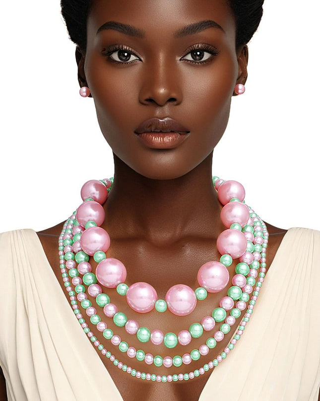 AKA Sorority Pink Green Jumbo Pearl Necklace Set
