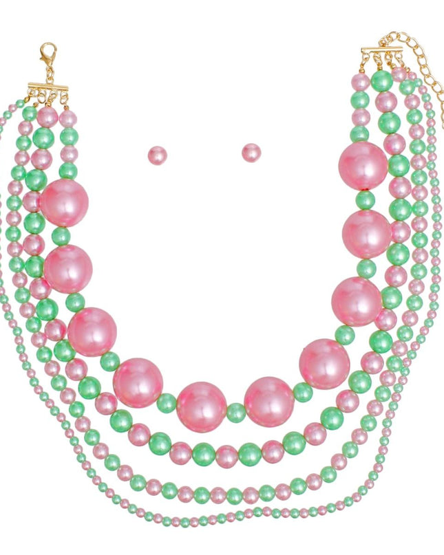 AKA Sorority Pink Green Jumbo Pearl Necklace Set