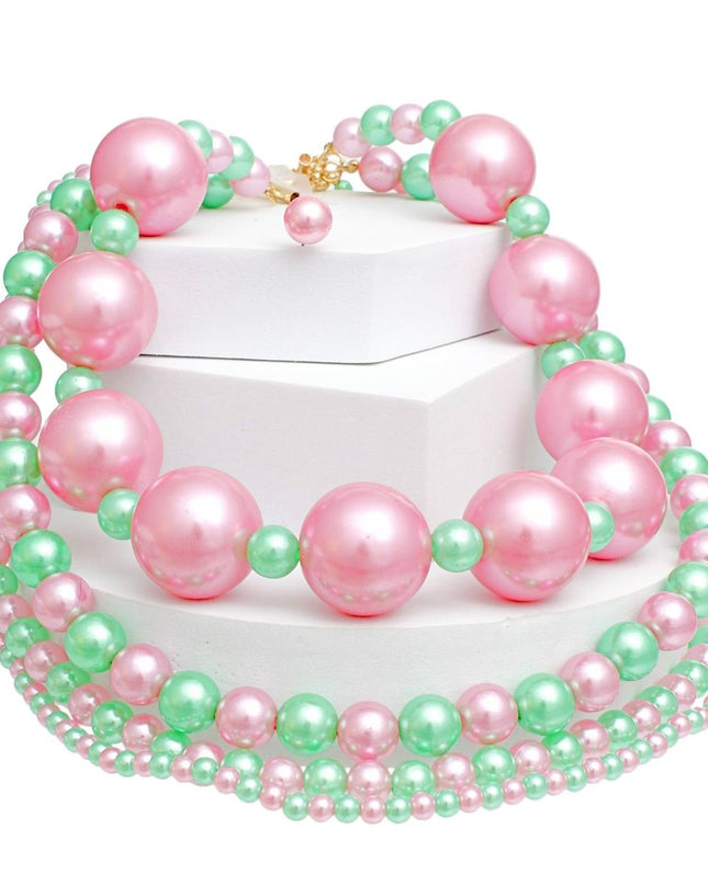 AKA Sorority Pink Green Jumbo Pearl Necklace Set