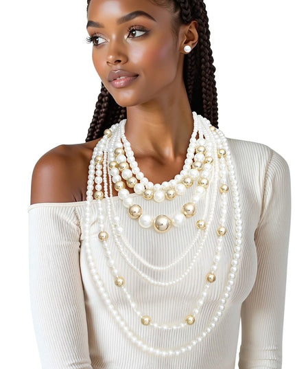 Long 7 Strand Cream Pearl Gold Ball Bead Necklace