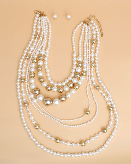 Long 7 Strand Cream Pearl Gold Ball Bead Necklace