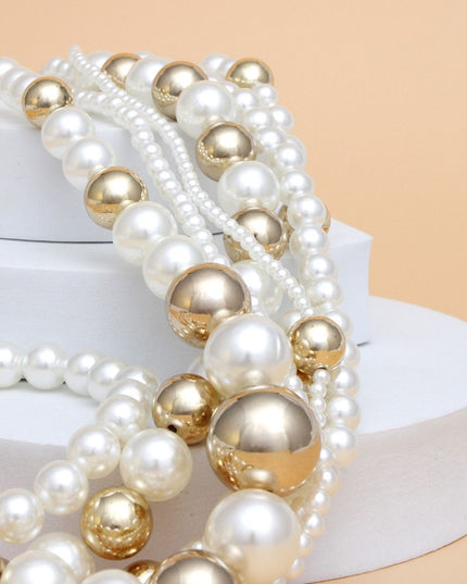 Long 7 Strand Cream Pearl Gold Ball Bead Necklace