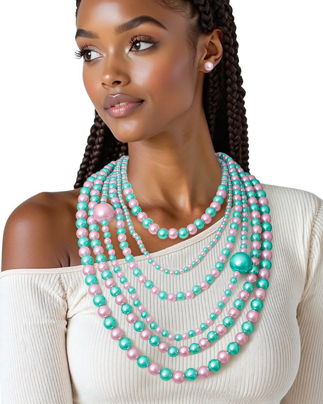 AKA Pink Green Pearl Long Layers 6 Strand Necklace
