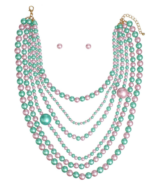 AKA Pink Green Pearl Long Layers 6 Strand Necklace