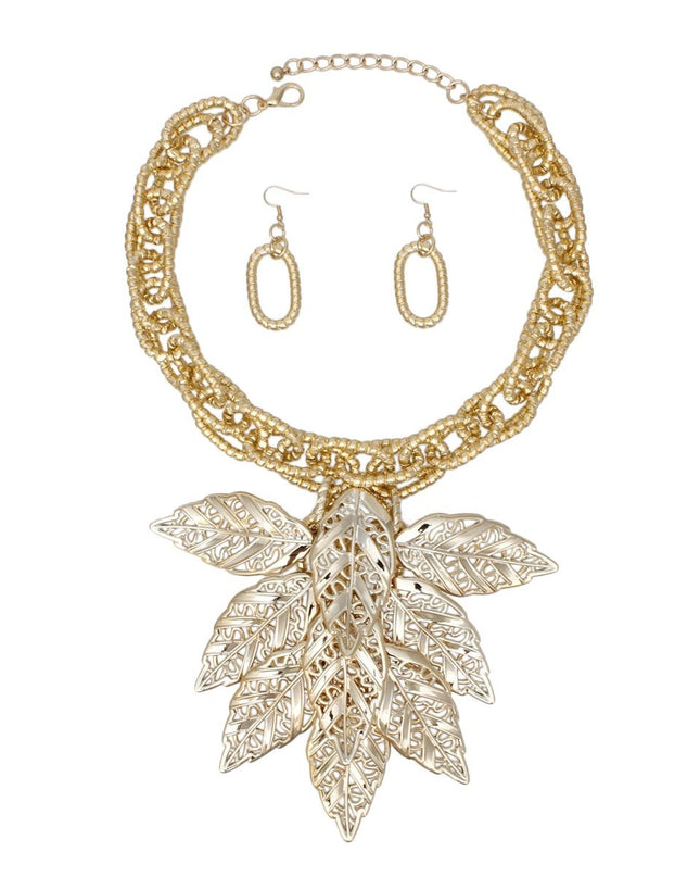 Bib Fall Season Gold Chunky Leaf Drop Necklace