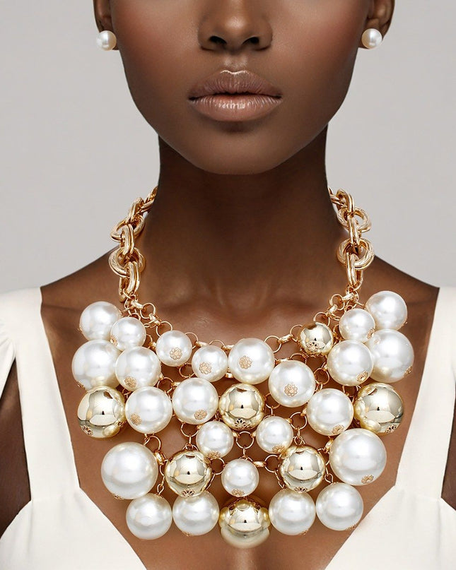 Bib Opulent Cream Pearl Gold Chainmaille Necklace