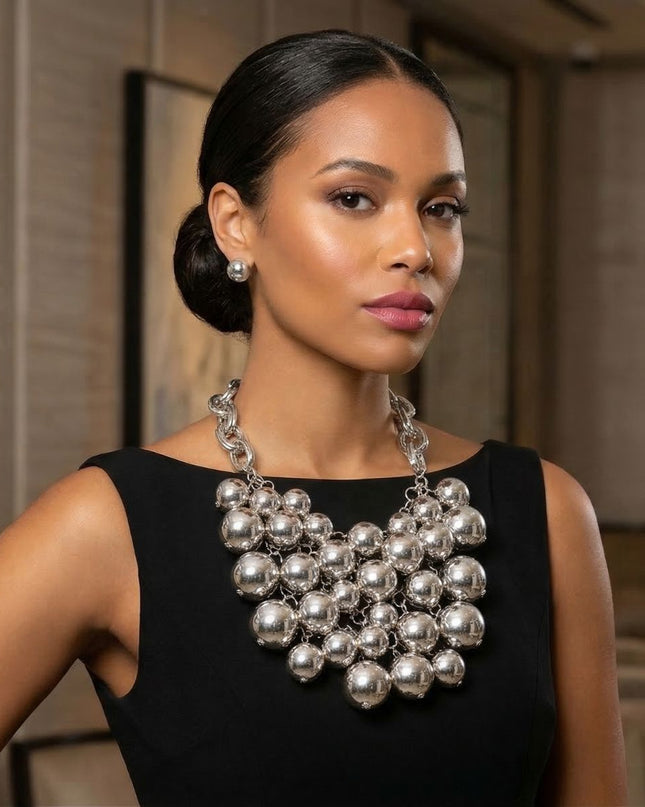 Bib Opulent Ball Bead Silver Chainmaille Necklace