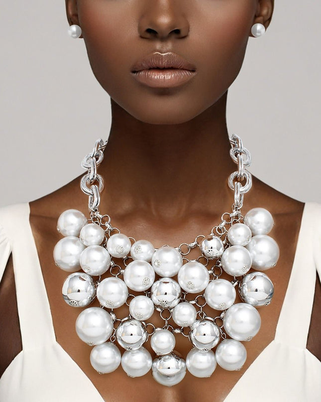 Bib Opulent White Pearl Silver Chainmaille Necklace