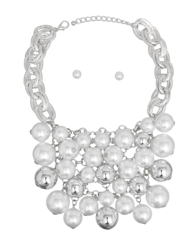 Bib Opulent White Pearl Silver Chainmaille Necklace