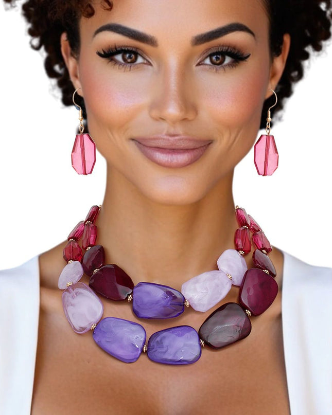 Collar Vibrant Marbled Purple Bead Layer Necklace