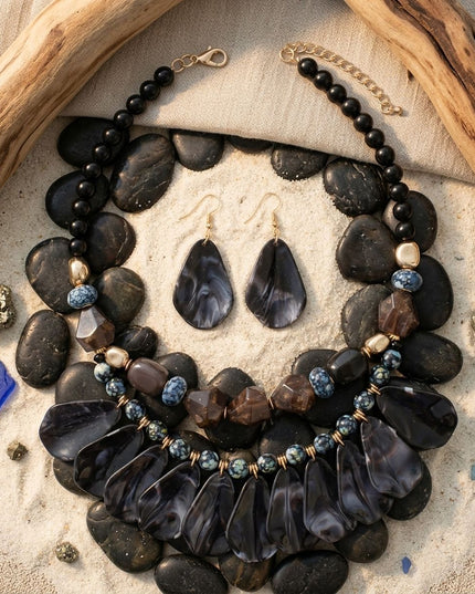 Midnight Marbled Black Teardrop Bead Bib Necklace