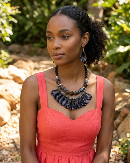 Midnight Marbled Black Teardrop Bead Bib Necklace