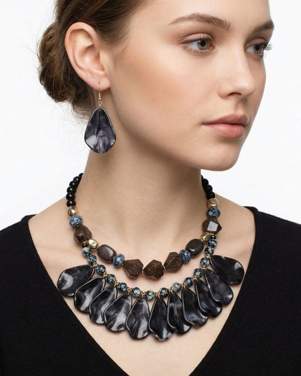 Midnight Marbled Black Teardrop Bead Bib Necklace