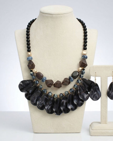 Midnight Marbled Black Teardrop Bead Bib Necklace