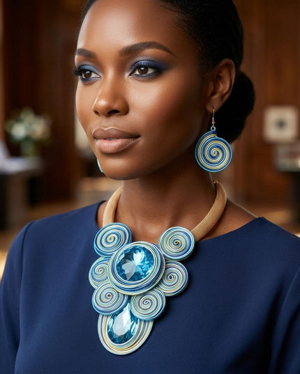 Blue Wire Wrap Teardrop Crystal Bib Necklace
